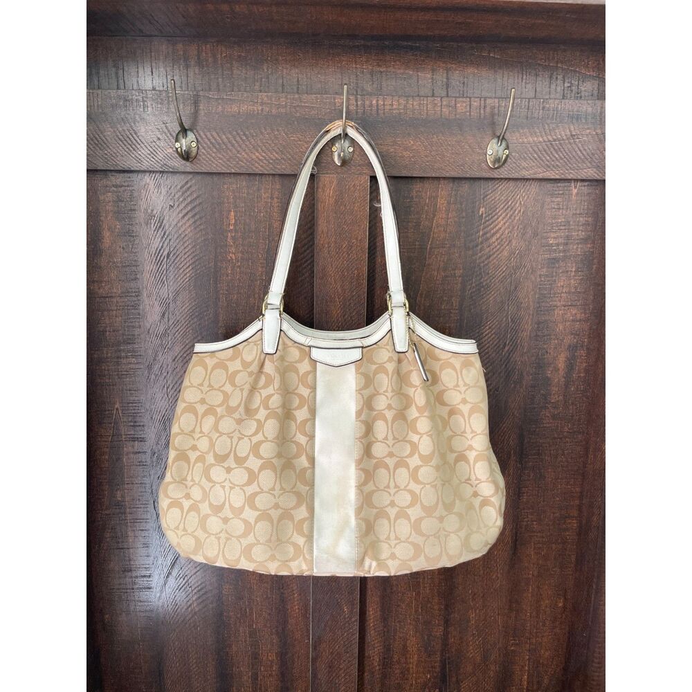 Coach Devin Signature Stripe Tote Khaki Ivory Shoulder Bag F28503